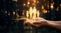 Hands holding glowing family silhouettes with magical golden bokeh lights and sparkles representing protection, care, love and unity concept.