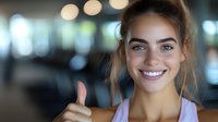 Young woman with bright smile showing thumbs up gesture against blurred bokeh background, expressing positivity and confidence in casual setting.