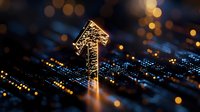 Glowing upward arrow symbol on digital circuit background with blue technology pattern and golden bokeh lights, representing growth and success in digital market.