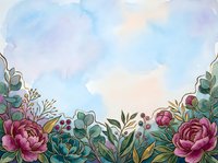 Watercolor floral border with pink peonies and teal leaves on soft blue background, perfect for cards, invitations, and wedding designs.