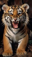Fierce young tiger cub showing teeth and aggressive expression against dark background, displaying natural predator behavior and wild animal strength.