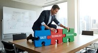 Professional businessman assembling colorful puzzle pieces labeled sales, technology, and operations in modern conference room with city view.