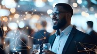 Young African American businessman in glasses smiling at networking event with wine glass, geometric light overlay pattern creates modern tech atmosphere.