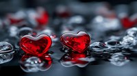 Red glass hearts on dark reflective surface with water drops, dramatic lighting creates romantic mood for Valentine's Day designs and love concepts.