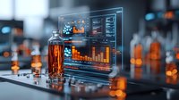 Futuristic data analytics display with whiskey bottle, glowing orange screens showing business charts and statistics in dark modern setting with bokeh lights.