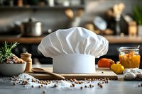 Professional white chef hat on rustic kitchen counter with cooking ingredients, wooden cutting board, spices and herbs in cozy home setting.