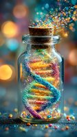 Magical glowing DNA helix made of colorful sparkles and glitter particles floating in glass bottle with cork stopper against blurred bokeh background.