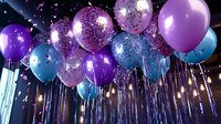 Festive party balloons in purple, blue and glitter floating under ceiling with ribbons create magical celebration atmosphere for birthday or special event decoration.