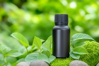 Black essential oil bottle on stones surrounded by fresh green leaves and moss in natural sunlight background, wellness and aromatherapy concept.