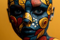 Creative face art makeup with floral patterns in blue, yellow and red colors on dark skin model against yellow background, dramatic close up portrait.