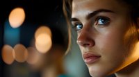 Young woman's face in dramatic side lighting with blurred bokeh background, highlighting natural beauty and contemplative expression in cinematic style.
