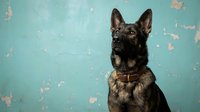 German Shepherd puppy with collar sitting against weathered turquoise wall background for pet photography and animal portraits.
