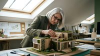 Senior woman with white hair and glasses, wearing olive green cardigan, carefully assembling wooden architectural model in bright studio workspace with skylights. Suitable for education, design, creativity, and professional development content.