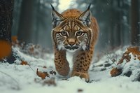 Majestic lynx walking through snowy winter forest with intense gaze, surrounded by fallen autumn leaves and misty atmosphere in natural habitat.