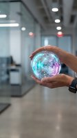 Hands holding glowing digital globe with network connections in modern office environment, representing global technology, innovation, and digital transformation for business solutions.