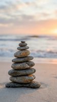 Zen stone stack balanced on beach sand at sunset with soft ocean waves and colorful sky creating peaceful meditation atmosphere for wellness concepts.