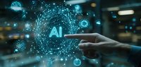 Businessman hand pointing at glowing AI text surrounded by digital network connections and floating spheres in dark futuristic office environment.