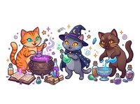 Three magical cats brewing potions and casting spells with cauldrons, potion bottles, and mystical elements. Isolated clipart on transparent background for design projects.