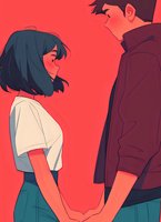 Young Asian couple holding hands against vibrant red background in anime style illustration, featuring girl in school uniform and boy in casual attire, depicting romantic moment.