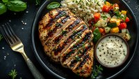 Grilled chicken breast with grill marks served on dark plate with rice, roasted vegetables and creamy sauce. Fresh herbs and seasonings garnish meal.