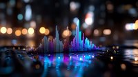 Futuristic holographic city skyline with glowing neon buildings emerging from digital surface against blurred urban night lights background for technology concepts.