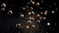 Glowing golden spheres with intricate metallic patterns floating in dark space against starry background, creating magical atmospheric composition.