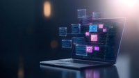 Futuristic laptop displaying holographic interface with glowing blue and pink digital blocks floating in dark space, technology concept for software development.