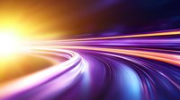 Curved light trails in motion creating dynamic speed effect with vibrant purple, orange and yellow colors against dark background, abstract technology concept.