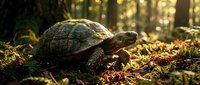 Tortoise walking on forest floor covered with moss and fallen leaves in natural woodland habitat with golden sunlight filtering through trees.