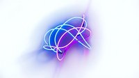 Abstract brain silhouette with glowing neon orbital rings in blue and purple gradient colors on soft background for technology and innovation concepts.