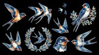 Swallows and swifts in flight with botanical elements, isolated on transparent background. Ready for t-shirt designs, clipart, stickers, sublimation, and print-on-demand projects.