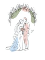 Bride and groom standing under floral arch in continuous line art style with pastel colors for wedding invitations and romantic designs.
