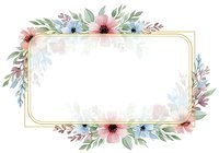 Watercolor floral frame with pink and blue flowers, green foliage, and gold border on white background. Isolated design element suitable for invitations, cards, and digital projects.