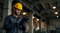 Industrial worker in yellow hard hat using digital tablet in manufacturing facility for quality control and project management operations.