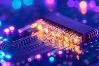Glowing microchip with circuit paths illuminated in orange and purple bokeh background creates futuristic technology mood for computing and AI concepts.