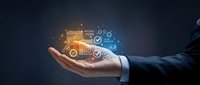 Businessman hand holding glowing digital icons representing quality assurance, checkmarks, and verified processes for web and software development projects.