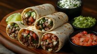 Mexican burritos filled with meat, fresh vegetables and cheese on wooden board, served with guacamole, pico de gallo and sour cream dips.