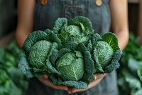 Fresh savoy cabbage held in female hands against green background. Organic farming concept for healthy eating and sustainable agriculture.