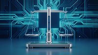 Digital justice scales with circuit board background representing legal technology, artificial intelligence in law, and modern judicial system innovation.