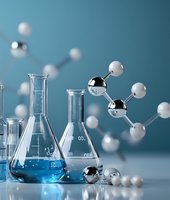 Laboratory glassware with blue liquid and molecular models against teal background, showcasing scientific research in chemistry and biochemistry.