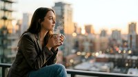 Young Asian woman enjoying hot beverage on urban balcony during golden hour sunset with city skyline background for lifestyle and relaxation concepts.