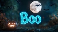 Glowing neon blue Boo text with carved pumpkin, full moon and flying bats against dark spooky night sky background, Halloween seasonal decoration concept.