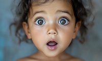 Mixed race toddler with curly hair and bright blue eyes expressing surprise with open mouth and wide-eyed expression against blurred blue background.