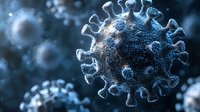 Microscopic view of virus cell with spike proteins in blue tones against dark background, showing detailed molecular structure for medical and scientific visualization.