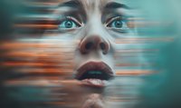 Young woman's face with motion blur effect in turquoise and orange tones, expressing emotion through intense eyes and parted lips, artistic portrait composition.