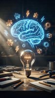 Glowing brain with lightbulb and floating puzzle pieces, gears, lightning bolts representing creativity, innovation, problem-solving and brainstorming concepts.