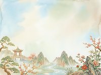 Serene landscape with misty mountains, traditional pagoda, blooming cherry blossoms, and flowing water. Asian-inspired artwork suitable for home decor, wellness designs, and cultural projects.