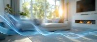 Ethereal blue light waves flow through modern living room with fireplace and white sofa, creating magical atmosphere in sunlit interior space.