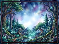 Enchanted forest landscape with glowing magical lights, mystical trees, and serene stream flowing through woodland clearing under starry night sky.