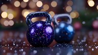 Glittering purple and blue kettlebells with sparkles against blurred bokeh lights background, creating magical fitness atmosphere for sports and wellness concepts.